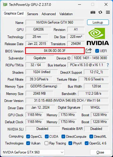 GPU-Z GTX 960 VBIOS更新後