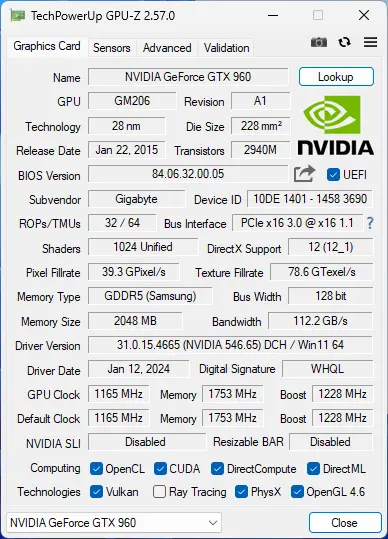 GPU-Z GTX 960 VBIOS更新前